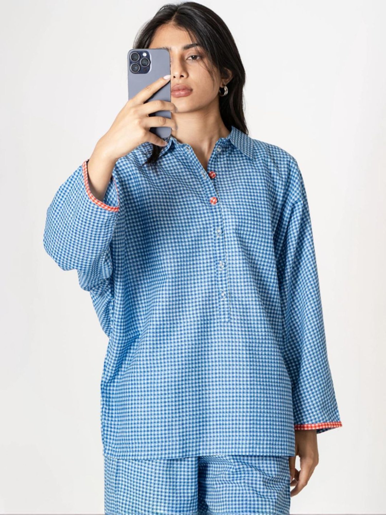 Kameez by Pooja Blue Capsule 24 Gingham Handprint Cotton Shirt and Pant Co-ord Set
