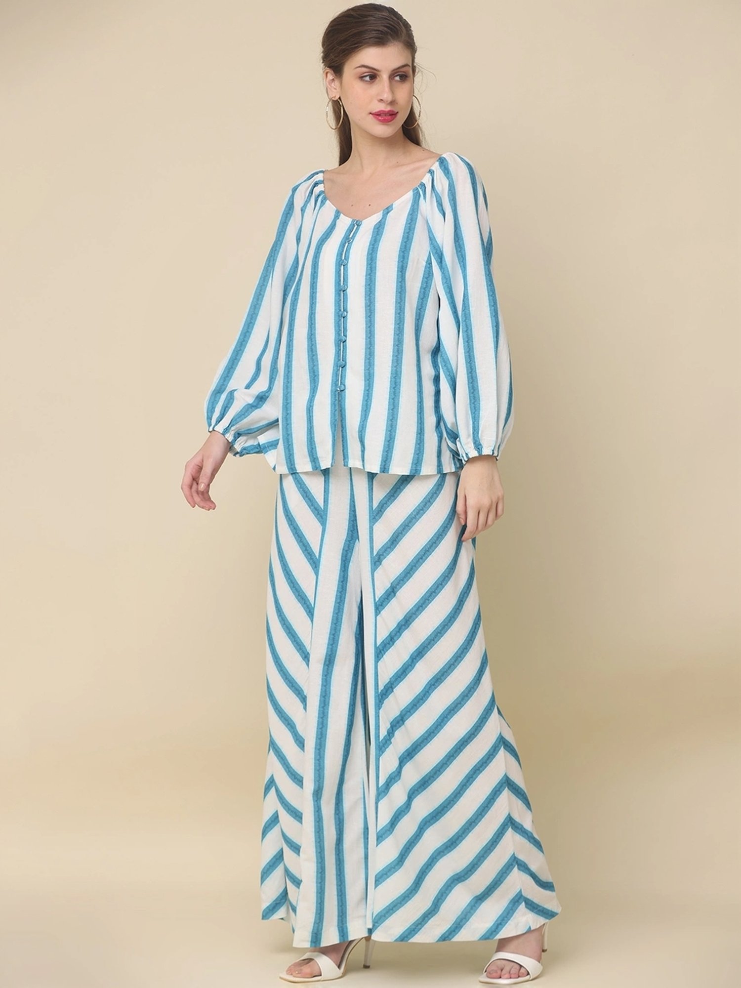 Zolo Label Blue & White Cotton Striped Top Palazzo Set