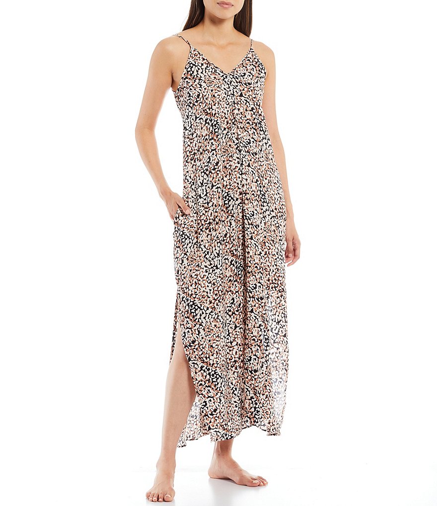 VAN WINKLE & CO. Leopard Swirl Printed V-Neck Satin Sleeveless Maxi Chemise