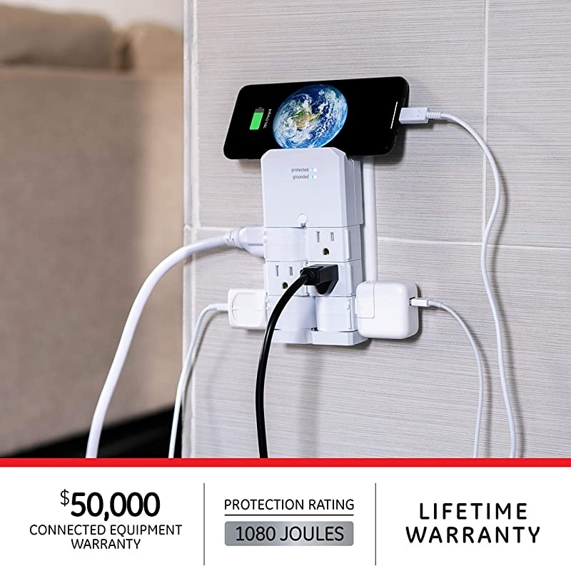 Pro 6-Outlet Sur Protector Tap with Swivel Outlets, White, 90 Degree Rotating Outlets, 1080 Joules, 37063