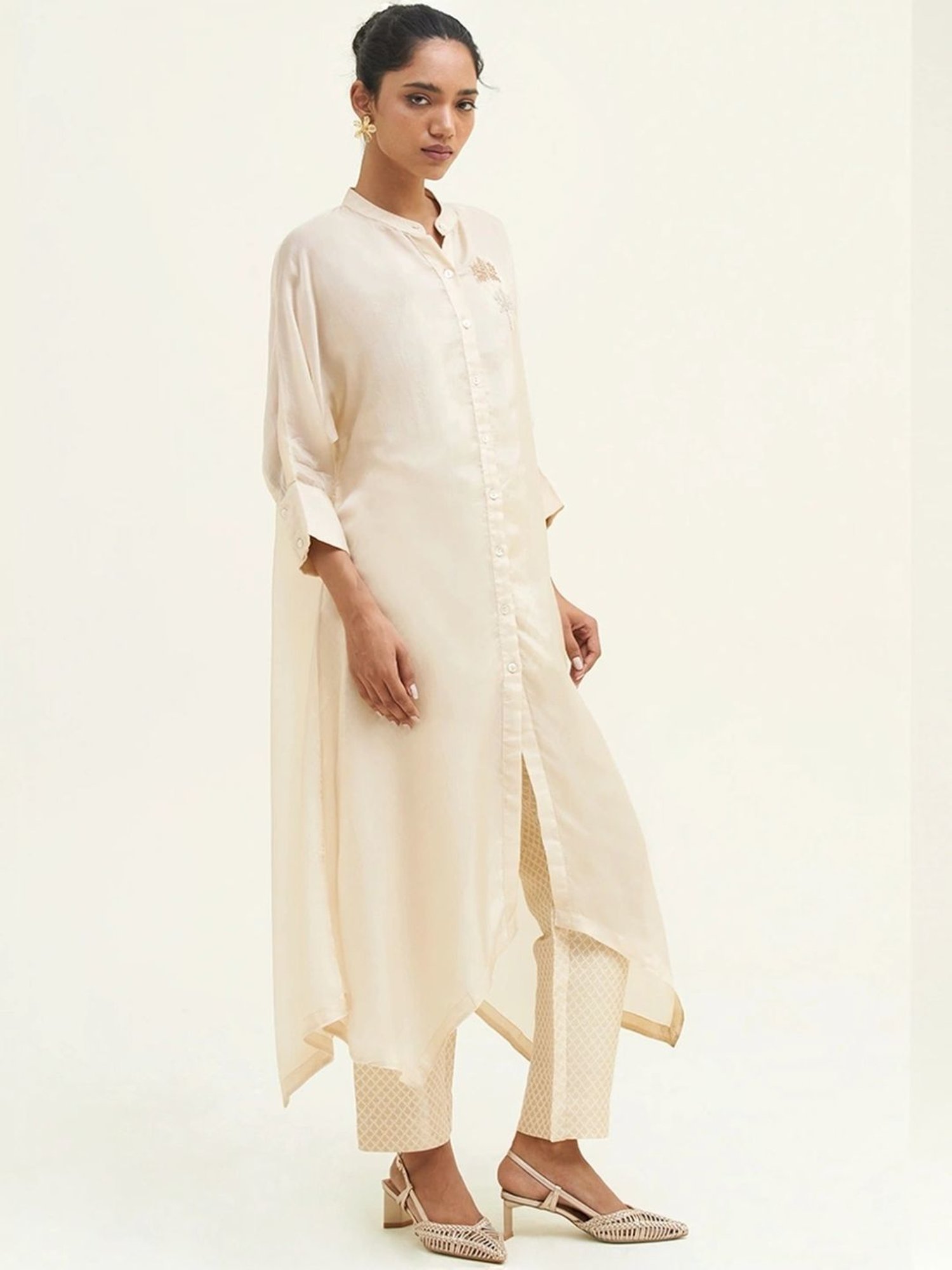 Ganga Fashions Angora Beige Silk Kurta with Pant Co-ord Set