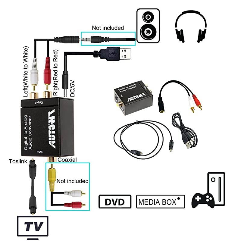 Digital Coaxial Toslink Adapter with Optical Cable 35mm Audio Cable and USB Power Cable