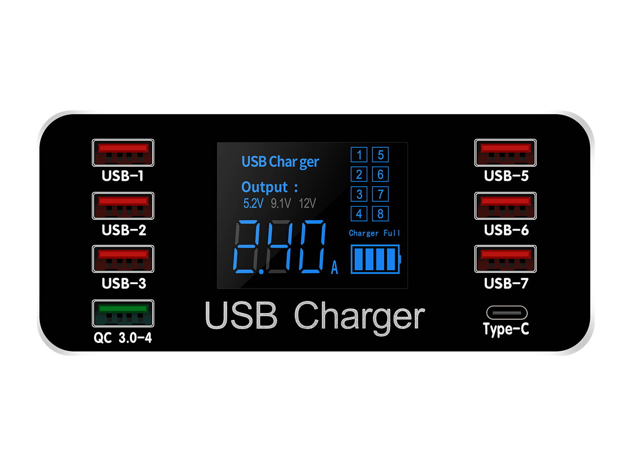 Multi USB 8-Port Smart Fast Desktop Hub Wall Charger Charging Station Quick Charge 3.0 USB Type C Port With LED Display Compatible with Apple Samsung Android Smart Phone, Tablet, Nintendo Switch Games