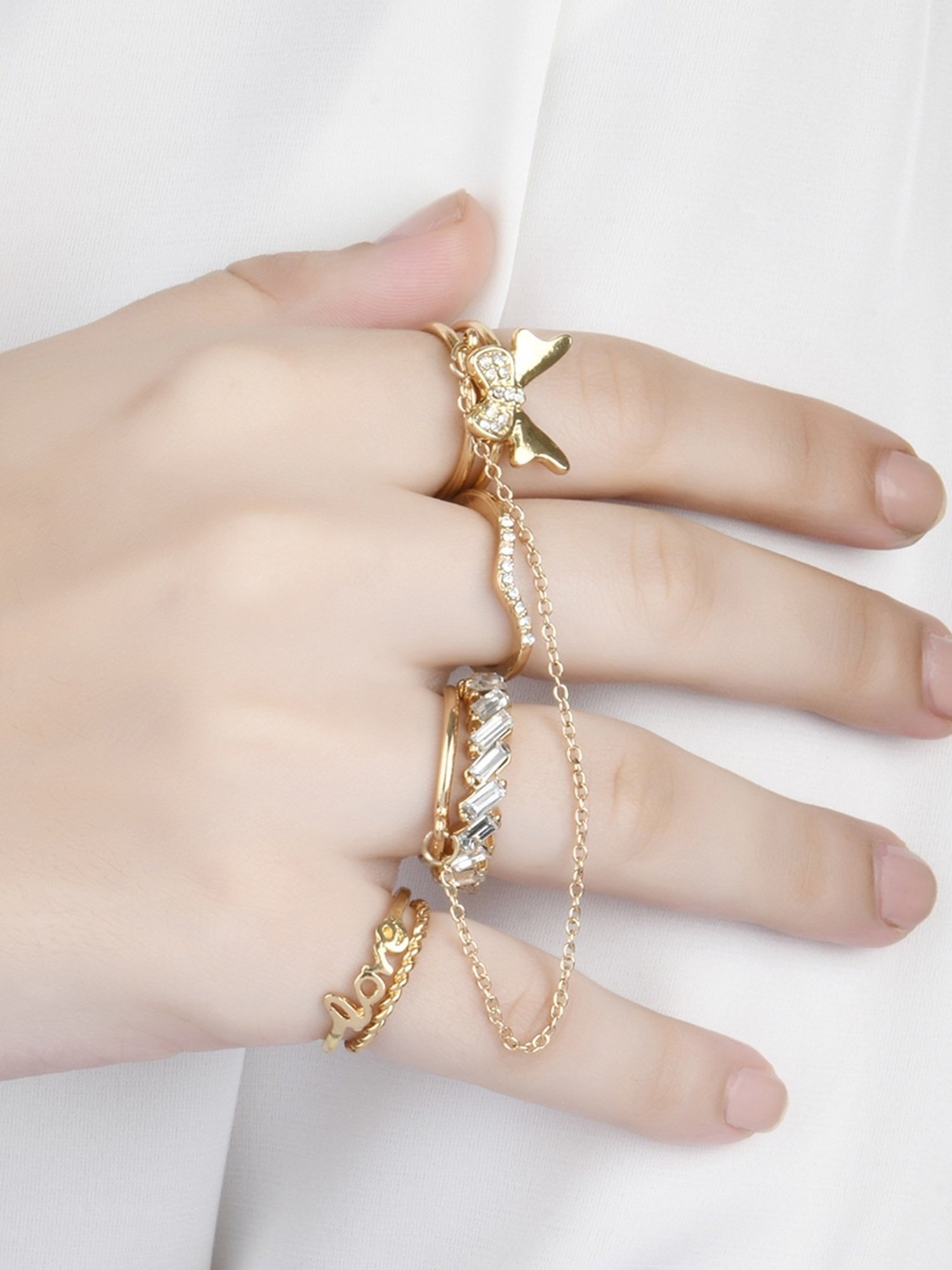 Lilly & Sparkle Gold Toned Crystal Studded and Chain Rings - Set of 10