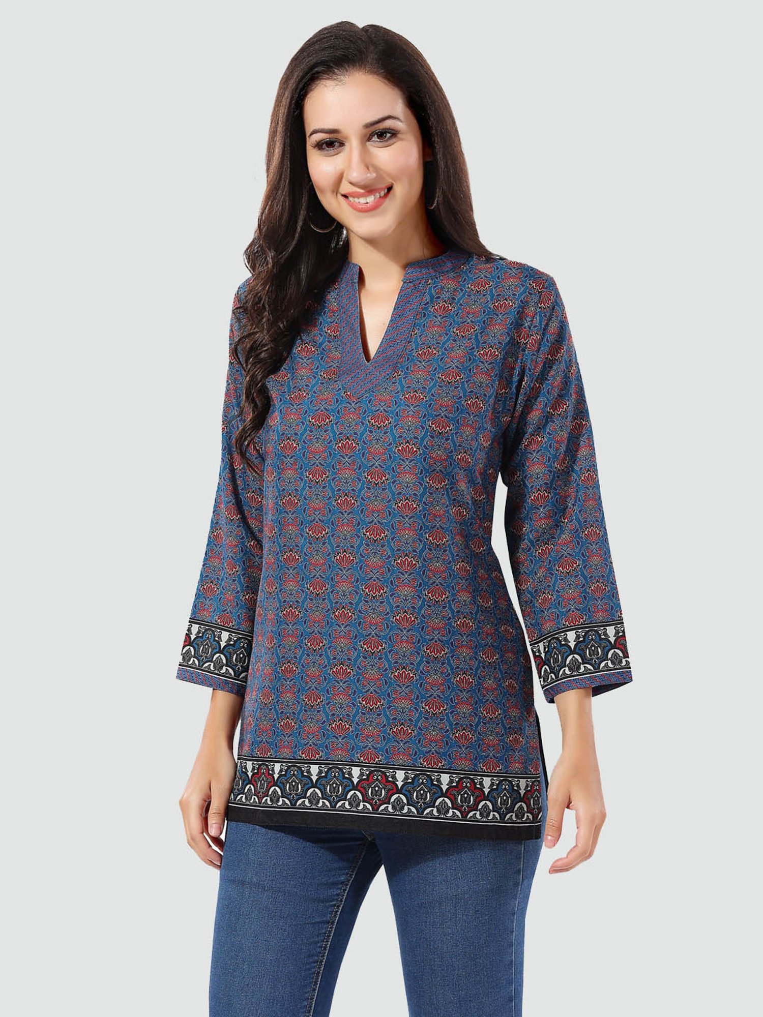 Saree Swarg Dark Blue Printed A Line Short Kurti