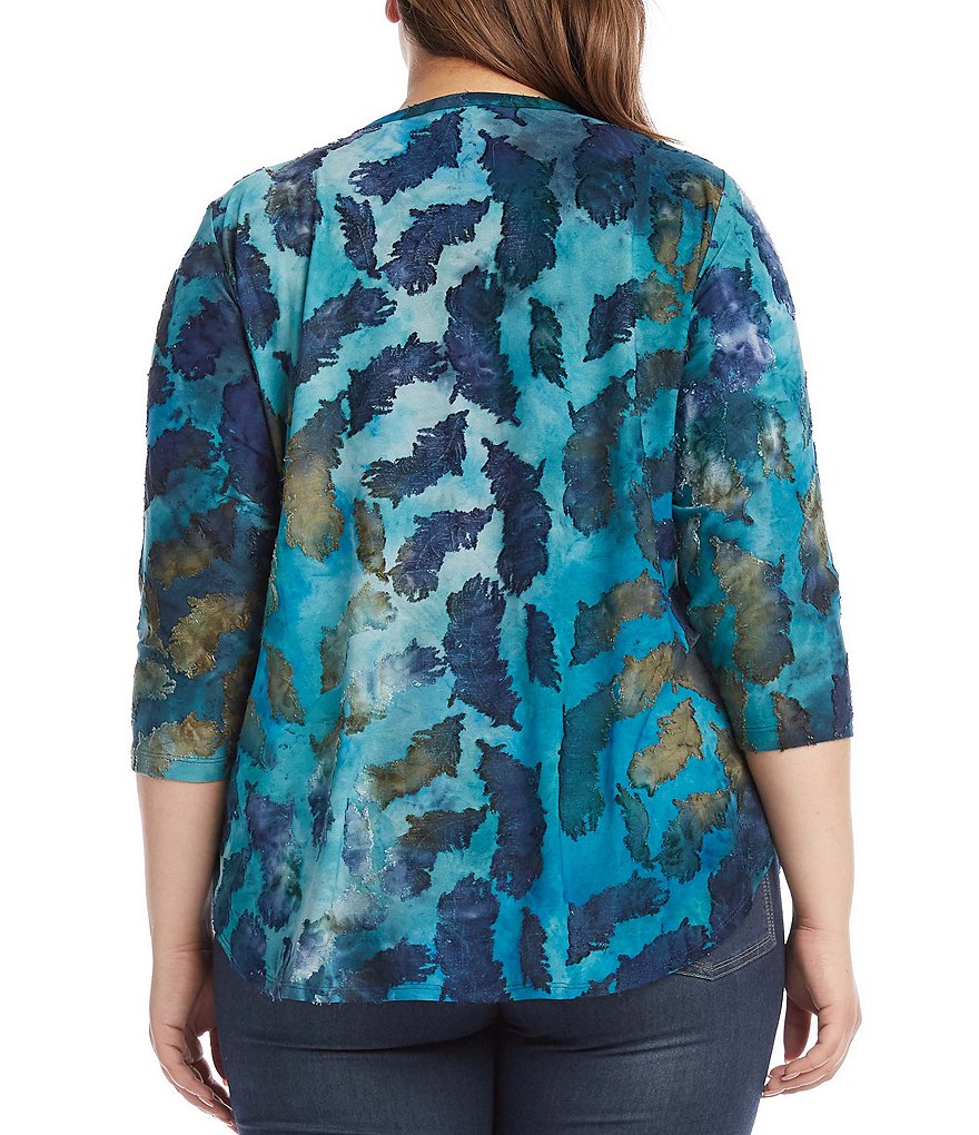 Karen Kane Plus Size Tie Dye Burnout Jewel Neck 3/4 Sleeve Shirttail Tee