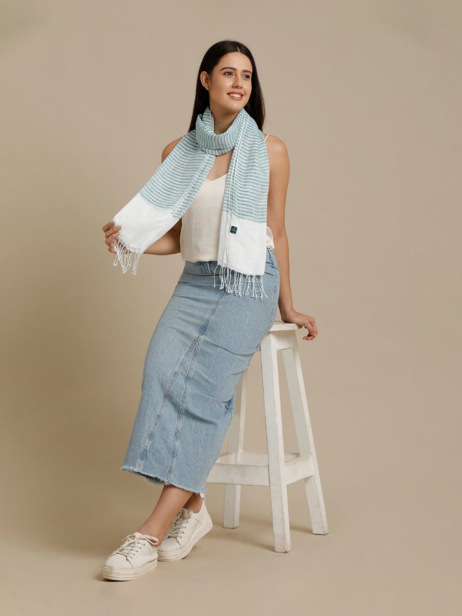 Linen Club Turquoise Blue Striped Pure Linen Stole