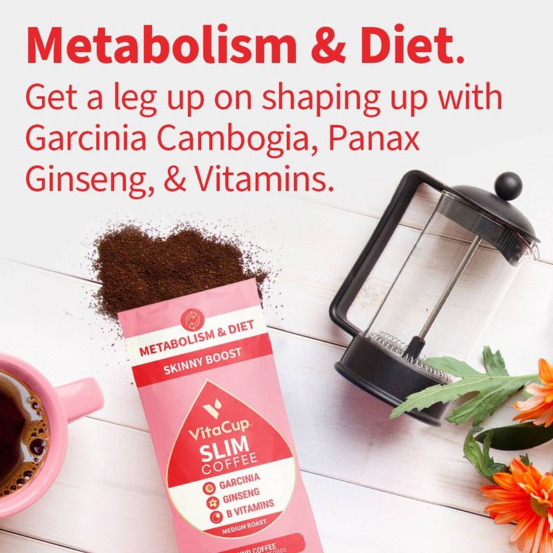 VitaCup Slim Ground Coffee (Diet & Metabolism) w/ Garcinia, Ginseng, & B Vitamins, Medium Roast - 10oz