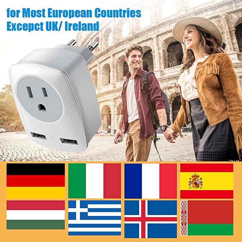 Travel Adapter America to Europe Plug Adapter with 2 USB Ports and 1 US AC Outlet International Travel Adapter for Most EU Countries GermanyFranceItalyGreece Not for UK Type C Plug