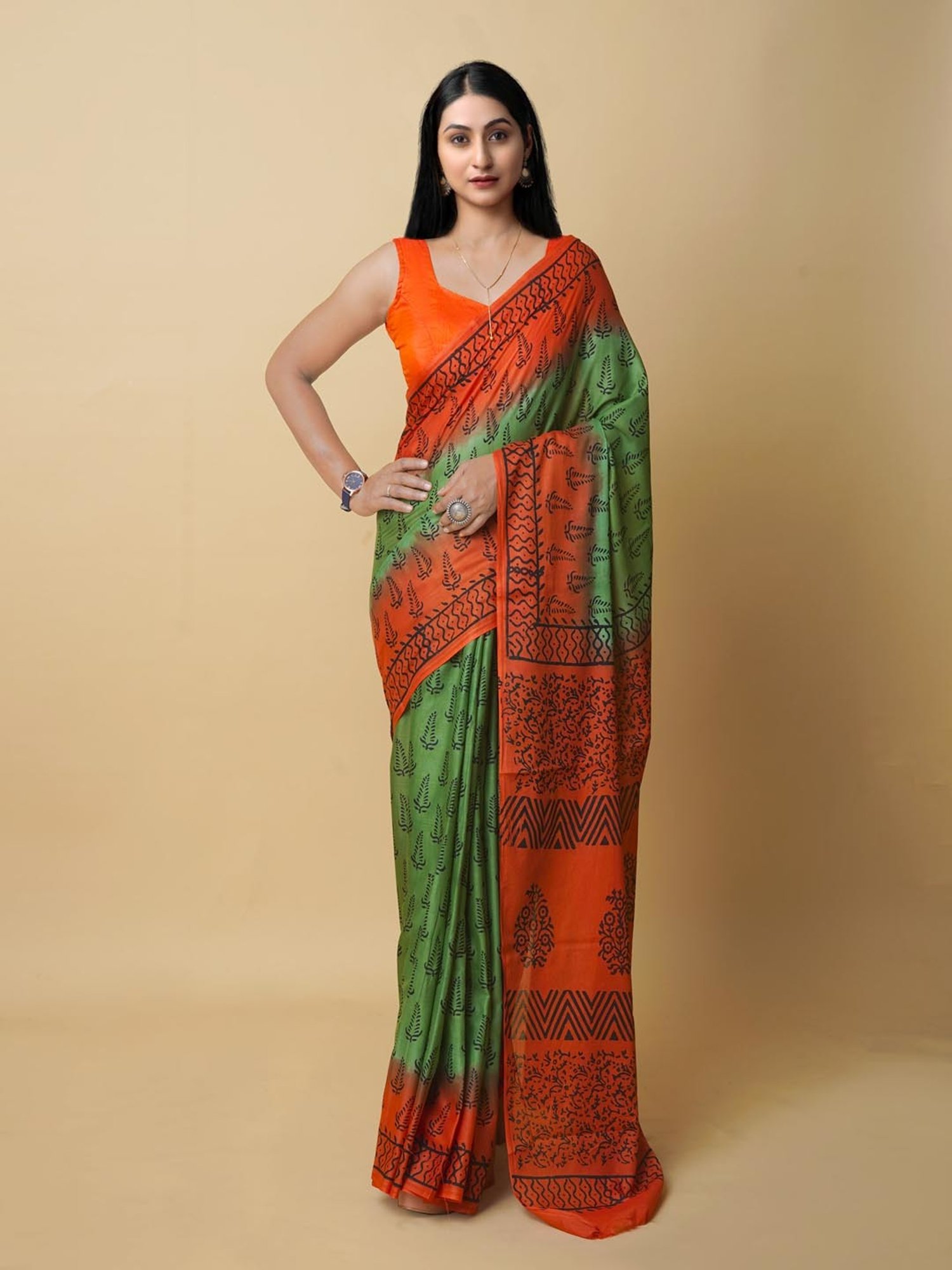 Unnati Silks Green & Orange Cotton Printed Saree With Unstitched Blouse