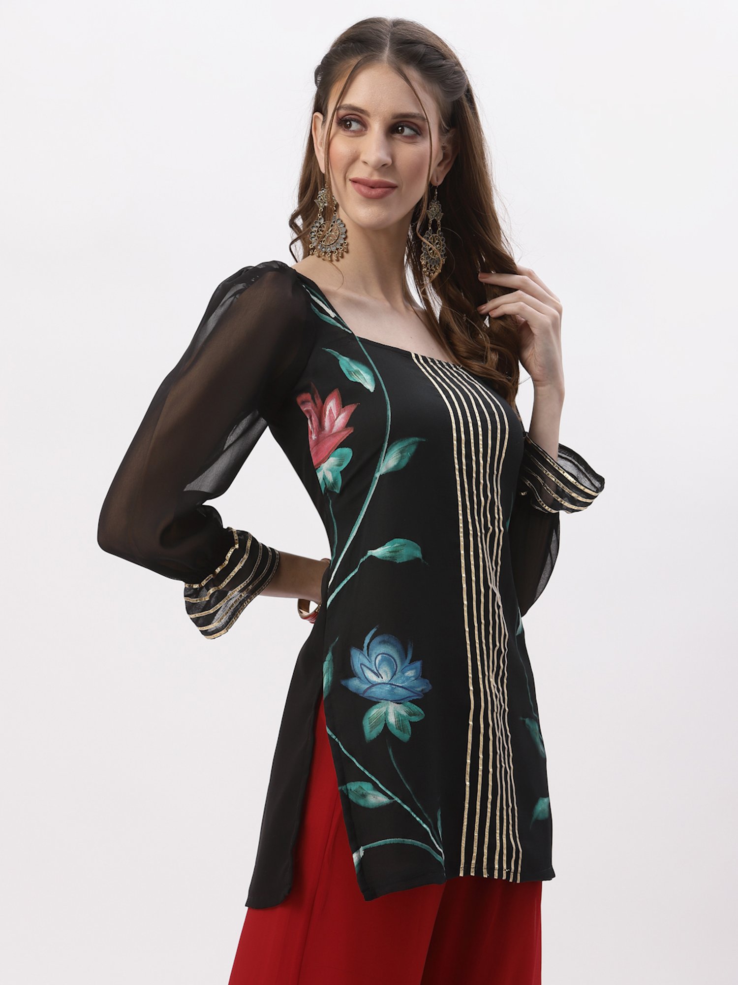 studiorasa Black Floral Print Straight Kurti