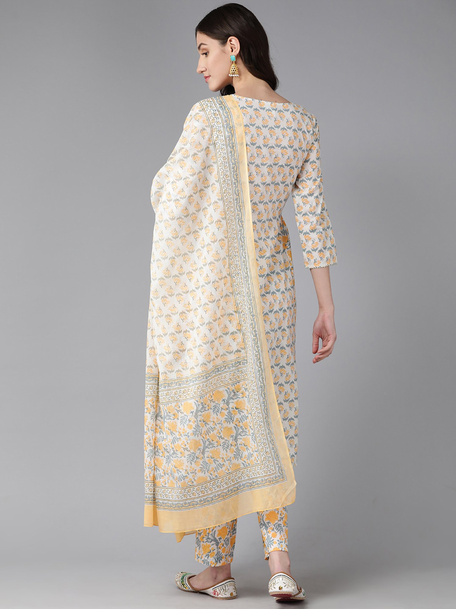 Prakrti White Cotton Floral Print Kurta With Pant & Dupatta