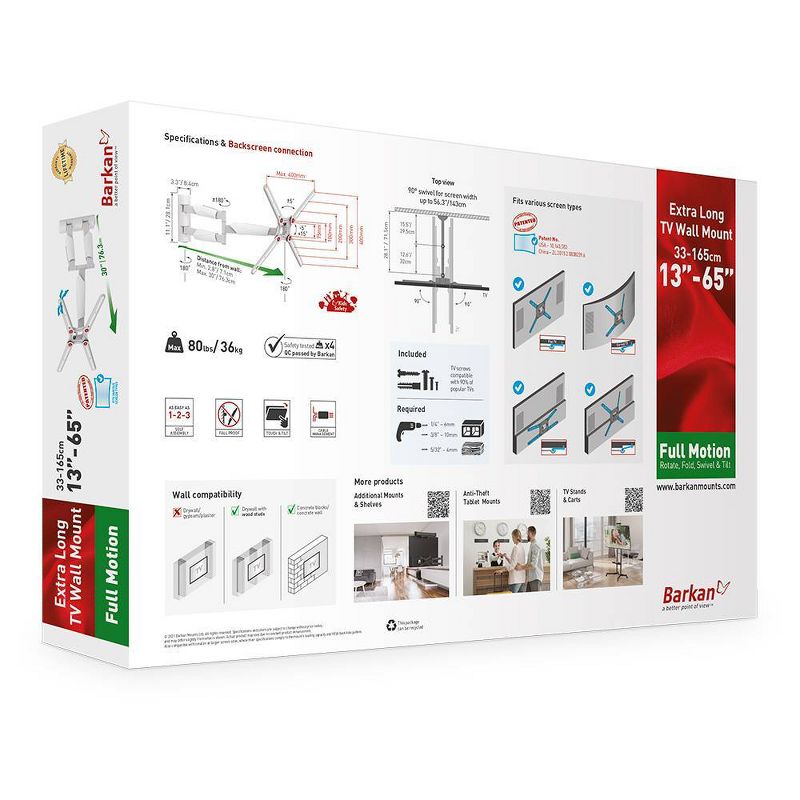 Barkan 13-65" 4-Movement Extra Long / Full Motion TV Wall Mount - White