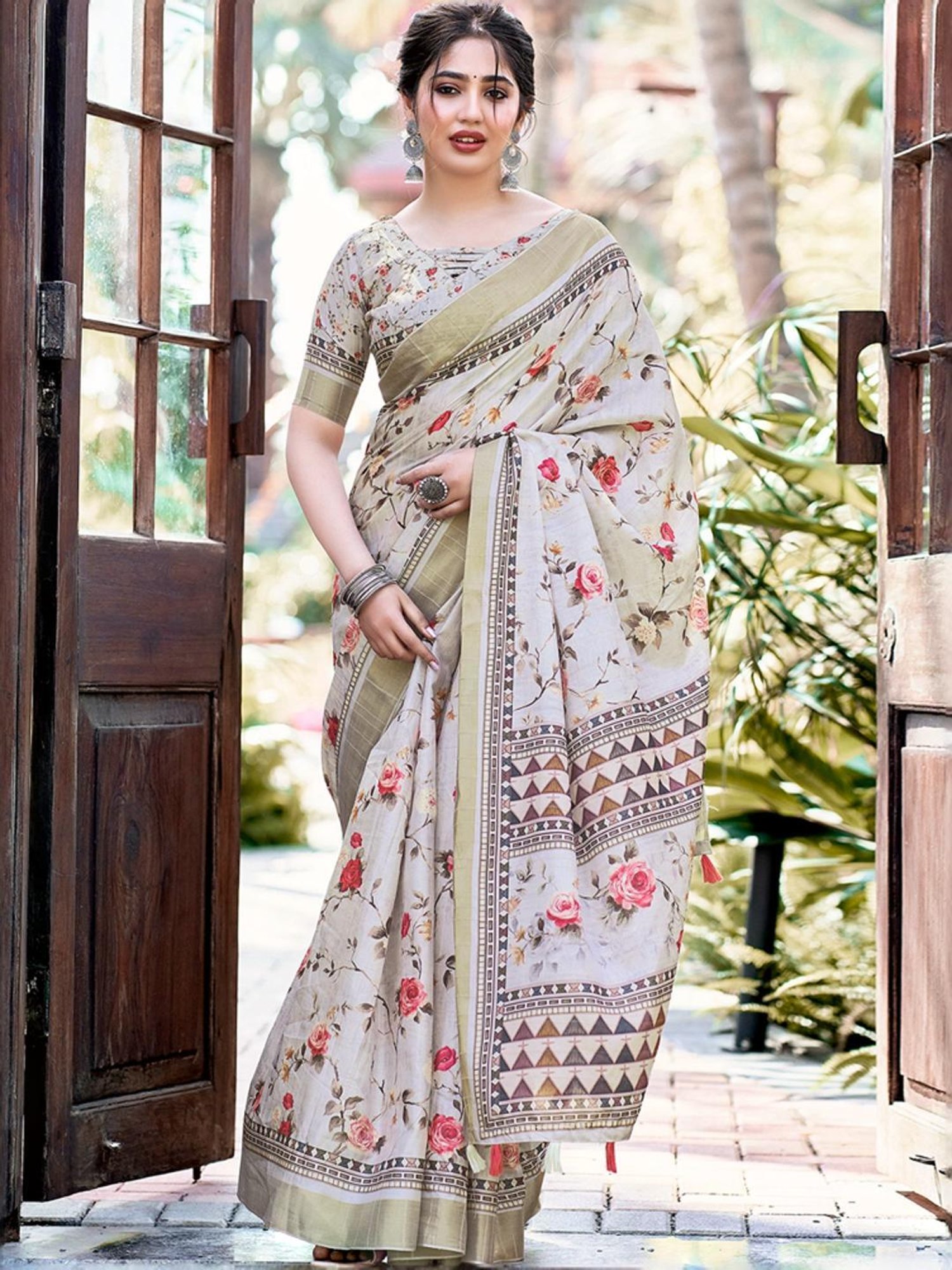 Satrani Beige Silk Floral Print Saree With Unstitched Blouse