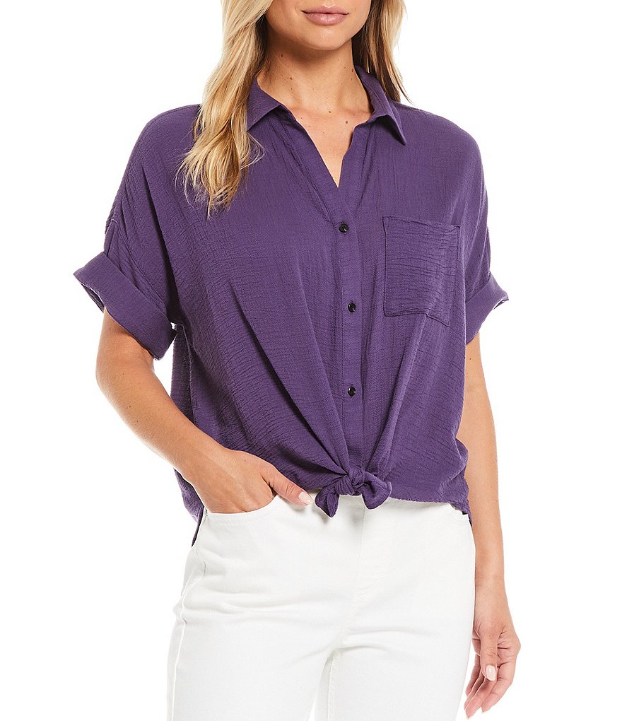 Westbound Drop Shoulder One Pocket Tie-Front Shirt