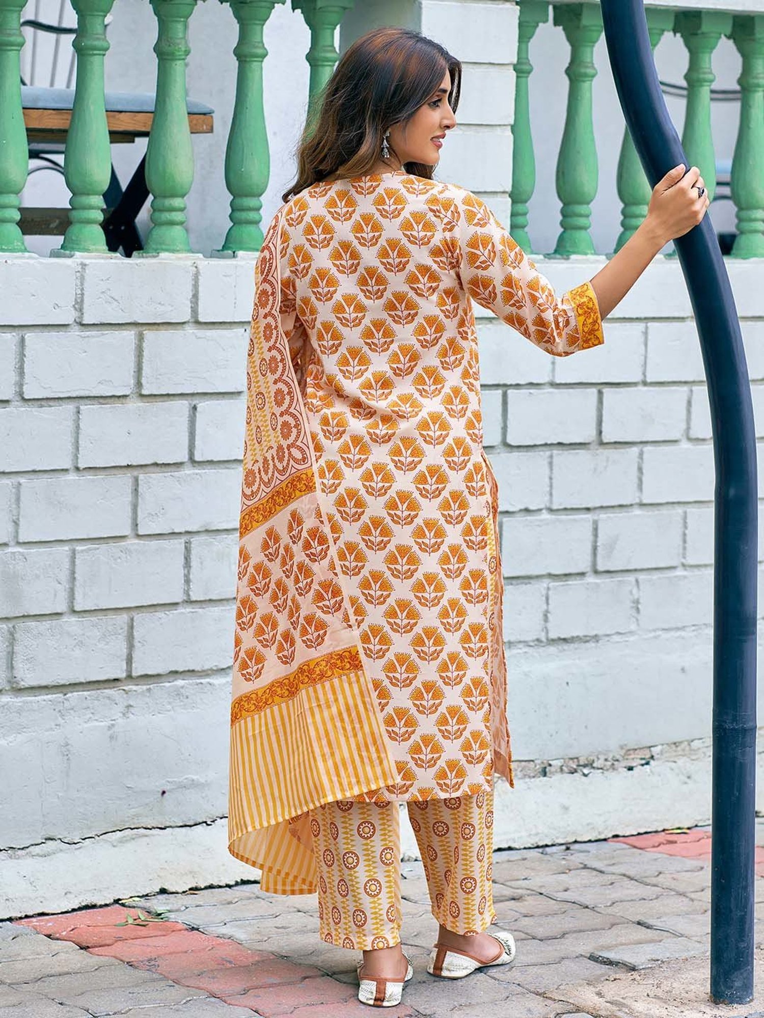 Skylee White & Yellow Floral Kurta With Pant & Dupatta