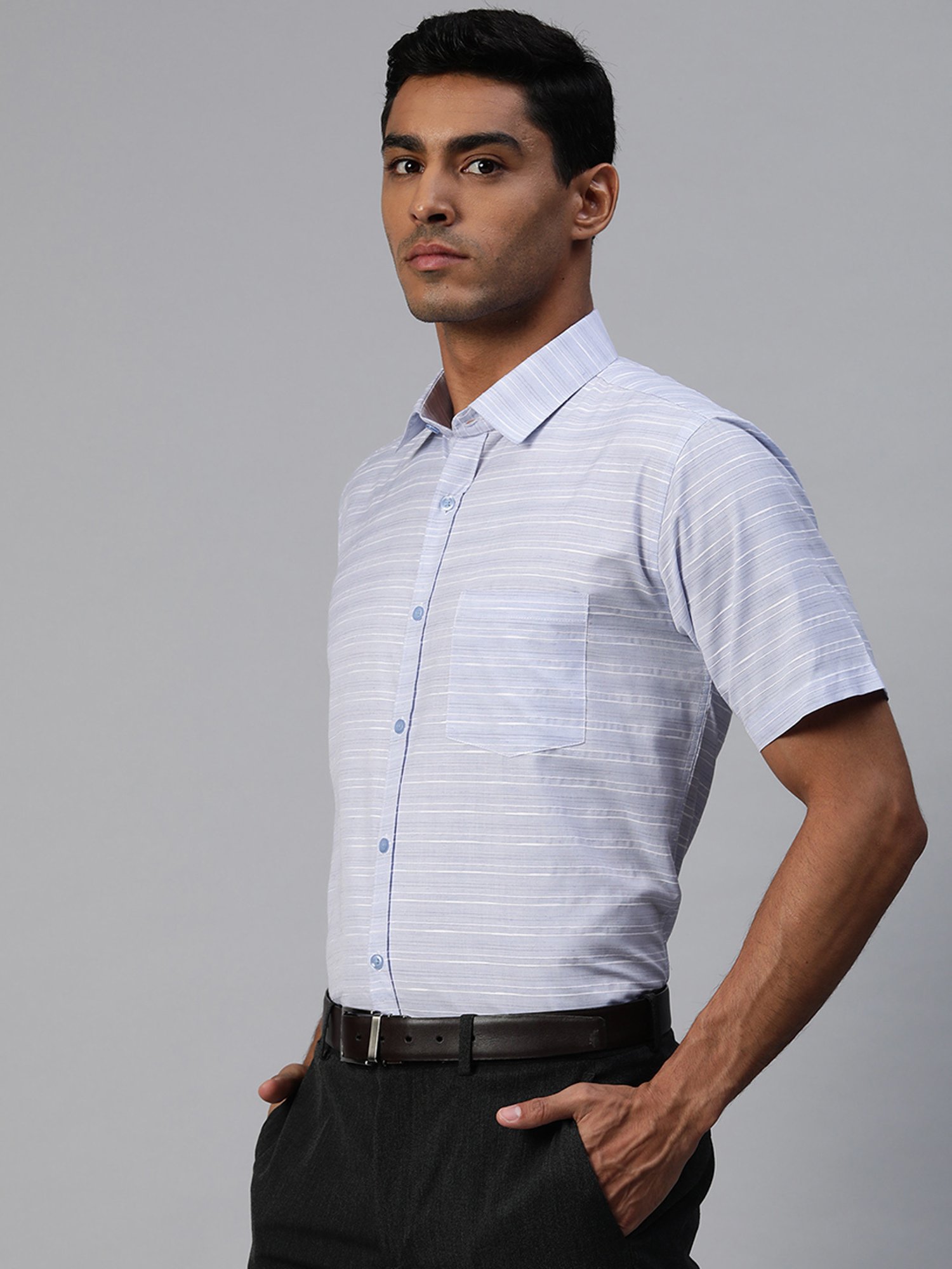 ManQ Indigo Blue Regular Fit Striped Shirt