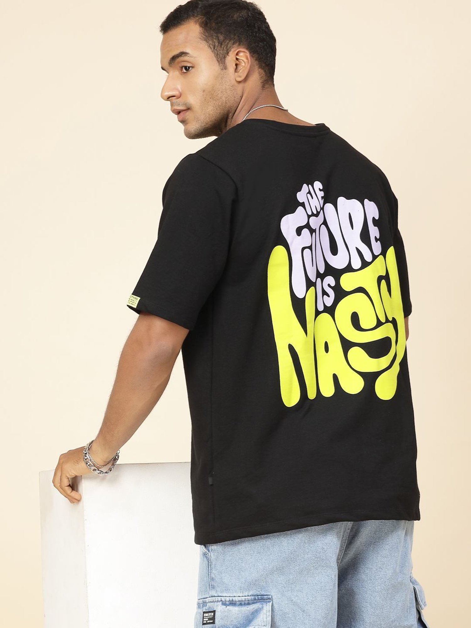 Rigo Black Cotton Loose Fit Typography T-Shirt