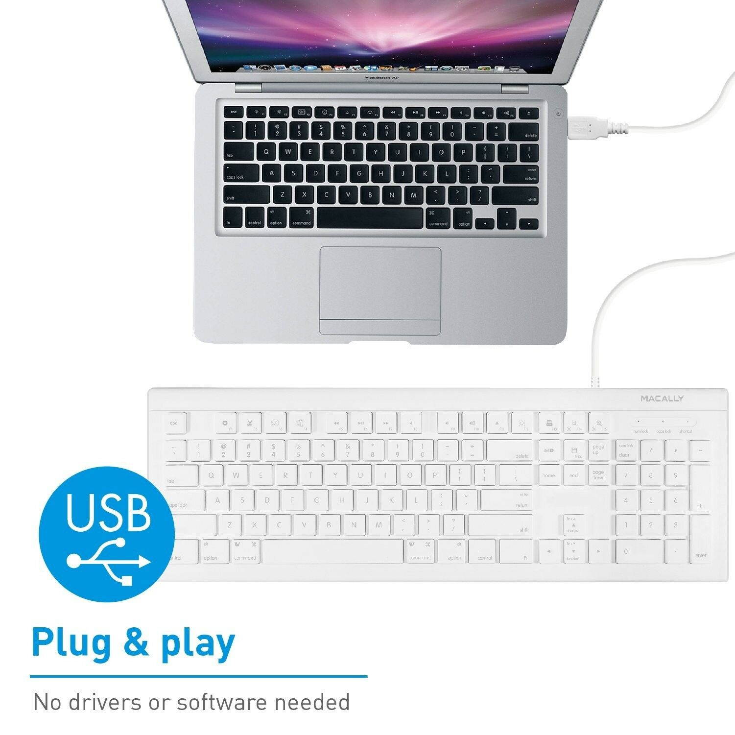 Macally Full Size  (MKEYE) for Mac and PC (White) w/Shortcu... USB Wired Keyboard