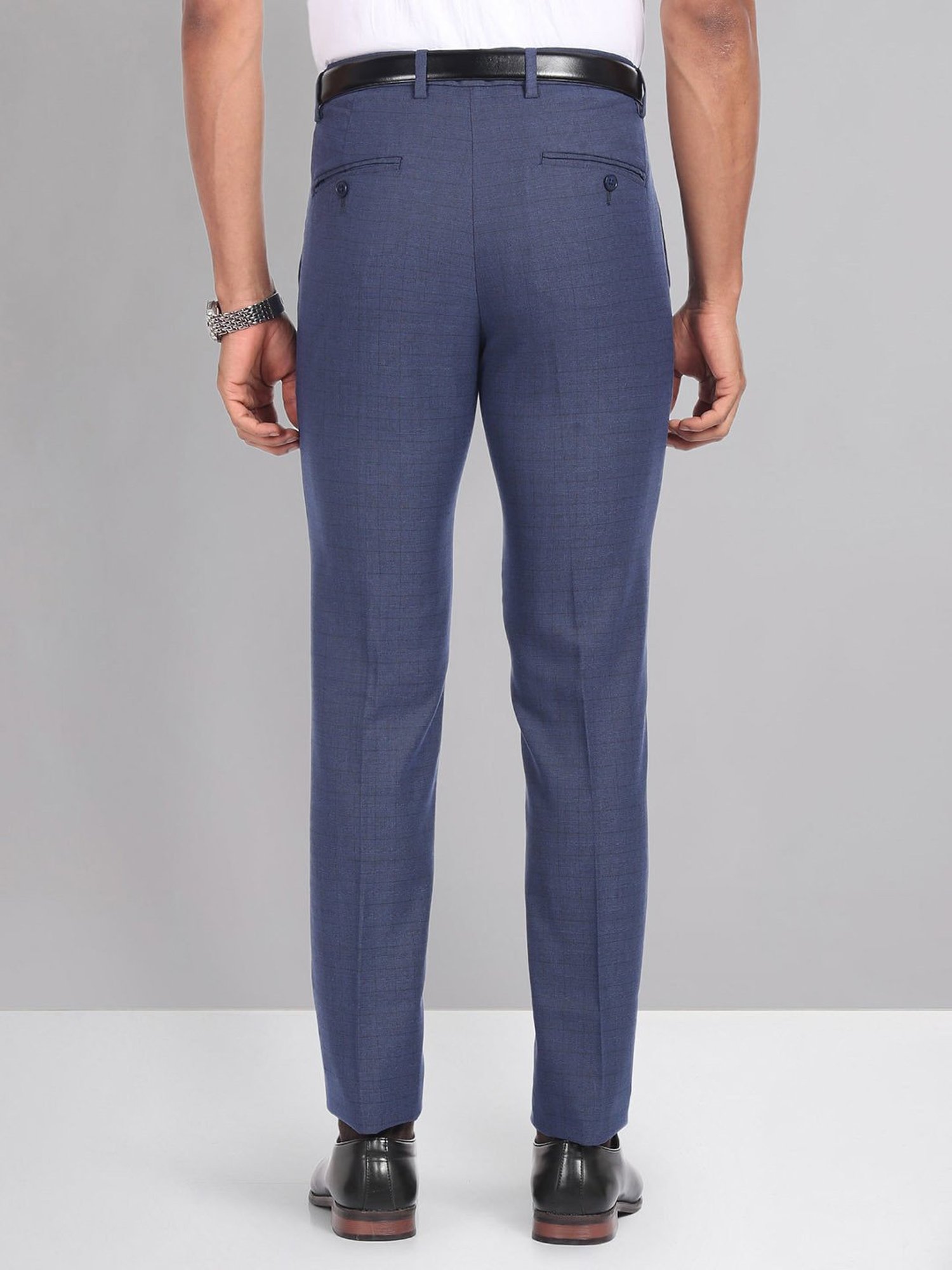 AD by Arvind Blue Slim Fit Check Flat Front Trousers