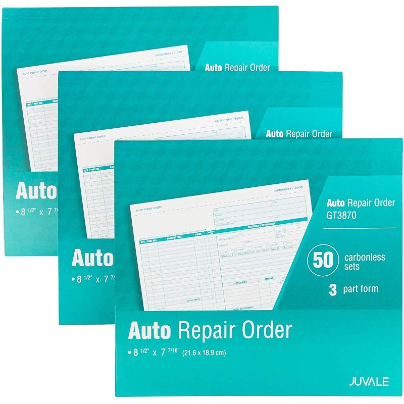 3-Pack Auto Repair Order Books Invoice Form, 3-Part Carbonless, 50 Set/ per Book, 8.45 x 7.5"