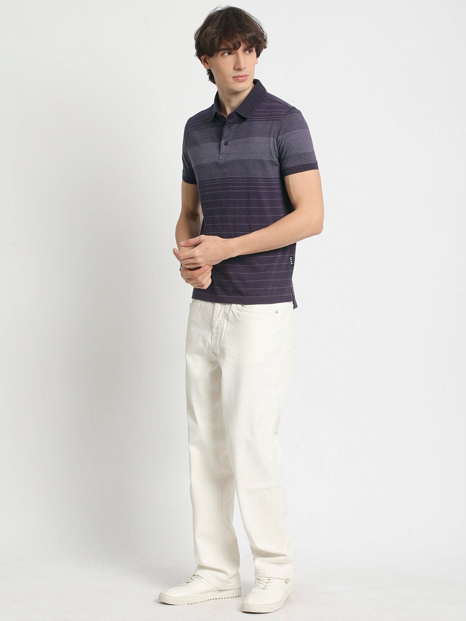 The Bear House Purple Cotton Slim Fit Striped Polo T-Shirt