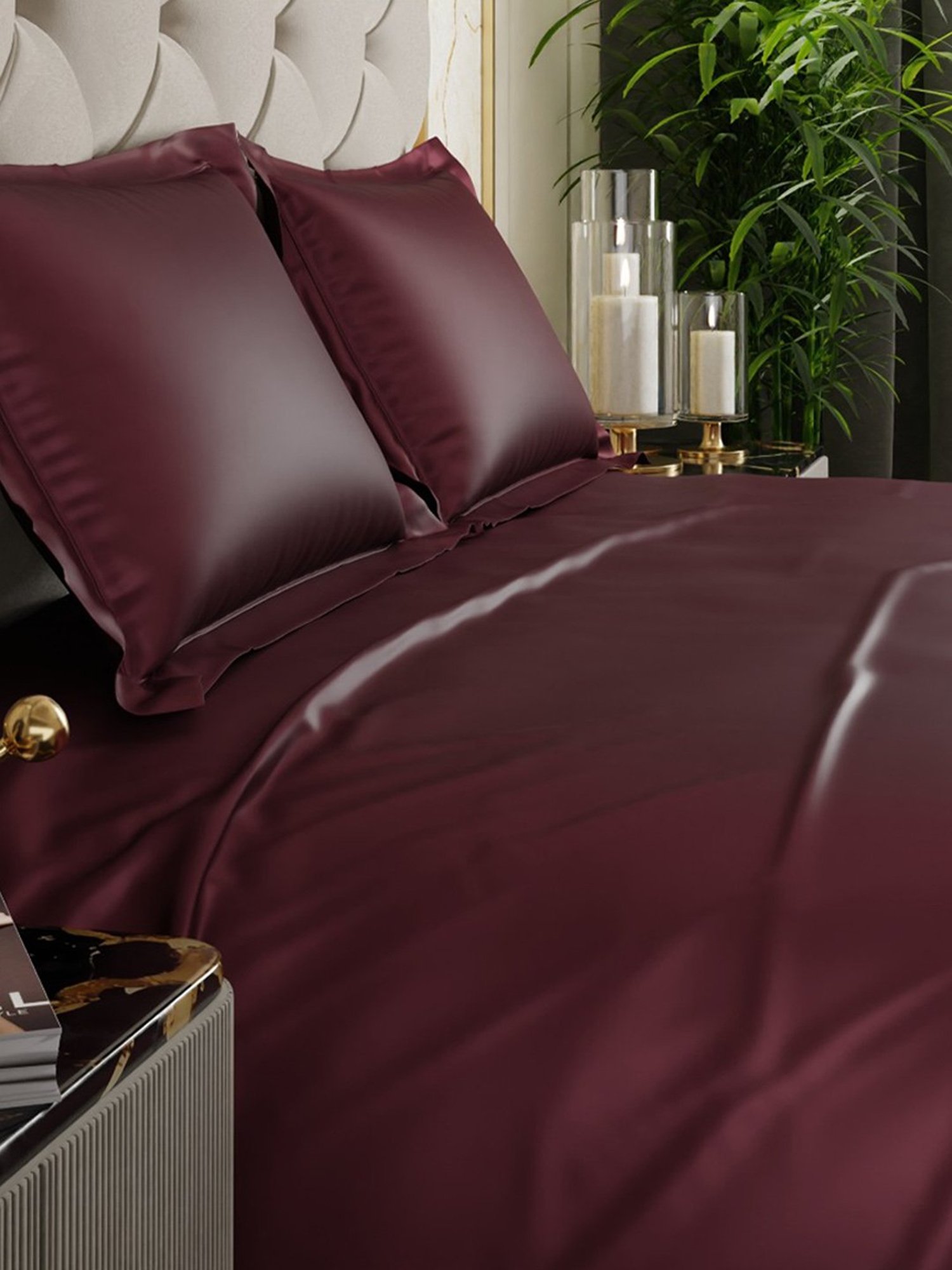 Stoa Paris Date Night Collection Velvet Wine Polyester 300 TC Double Bed Sheet With 2 Pillow Covers
