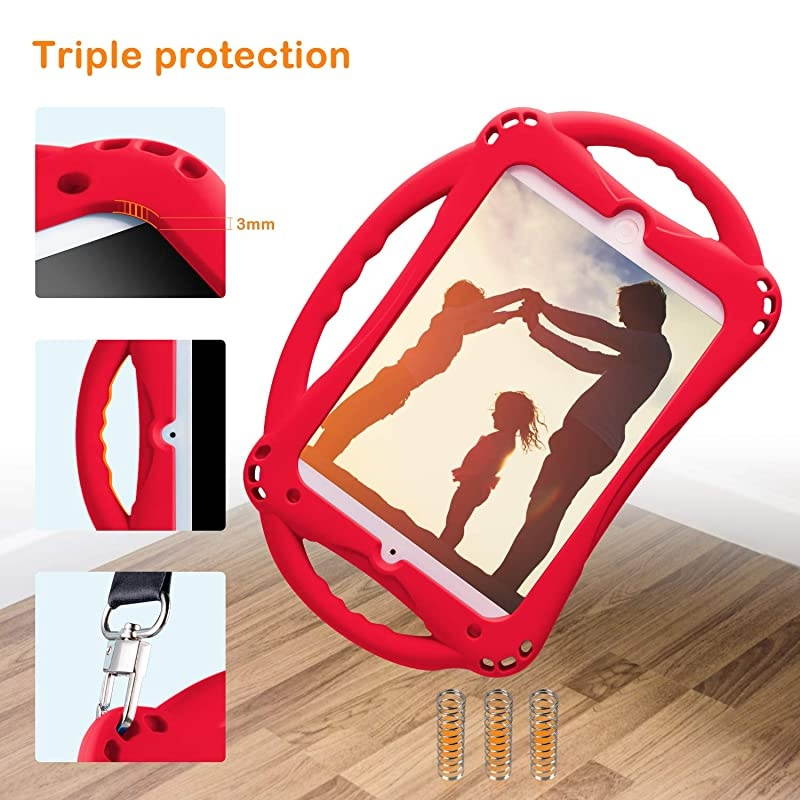 Kids Case for iPad Mini 5 4 3 2 1,Silicone Childproof for All Kinds of iPad Mini, Built-in Handle Stand, Comes with 2-4 Feet Adjustable Strap. (Red)