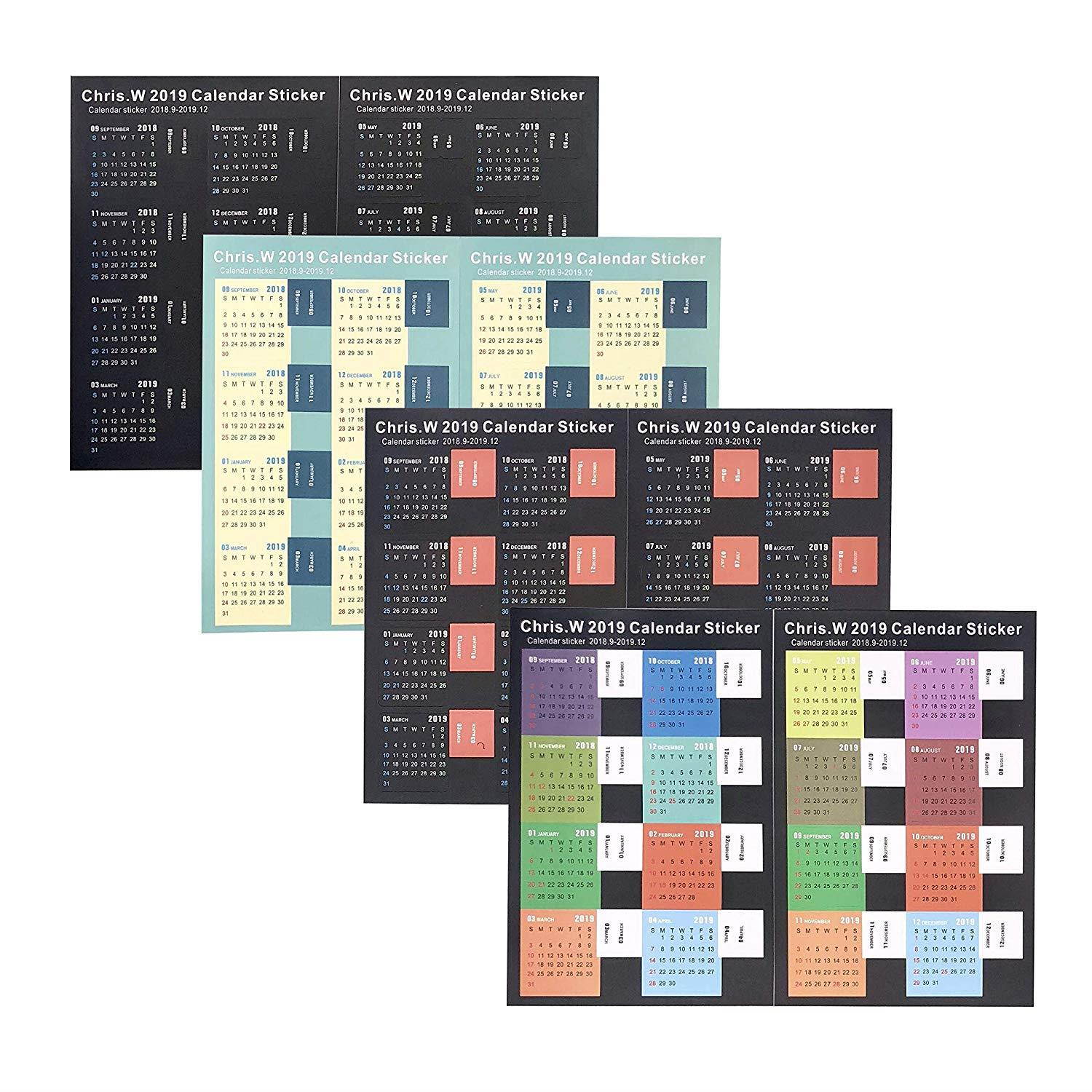Chris.W 2018-2019 Calendars Stickers for Bullet Journal, Agendas and Organizers - Planners Monthly Adhesive Index Tabs, 16-Month from September 2018 to December 2019, 4 Sets in Multi Color(64 Tabs)