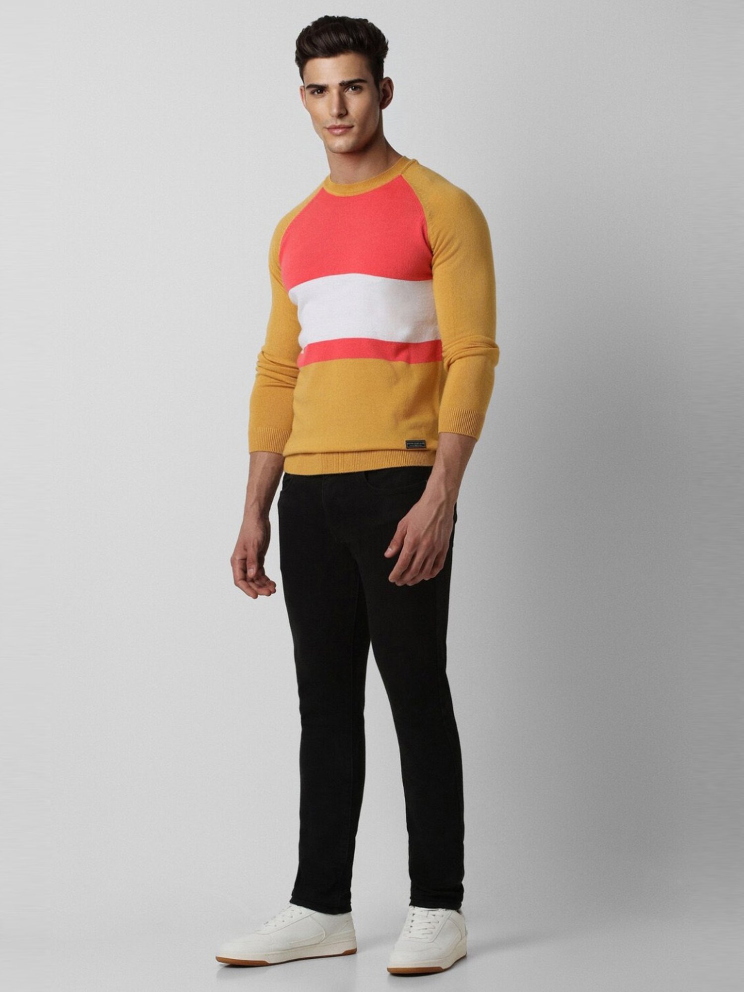 Peter England Yellow Cotton Regular Fit Colour Block Sweater