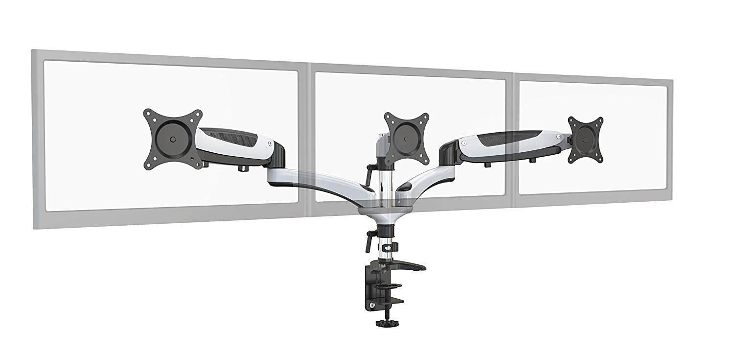Triple articulating Monitor Mount. Supports 3 monitors 15 to 28" each. Spring Loaded arms provide flexibility in movement and monitor orientation. VESA standard
