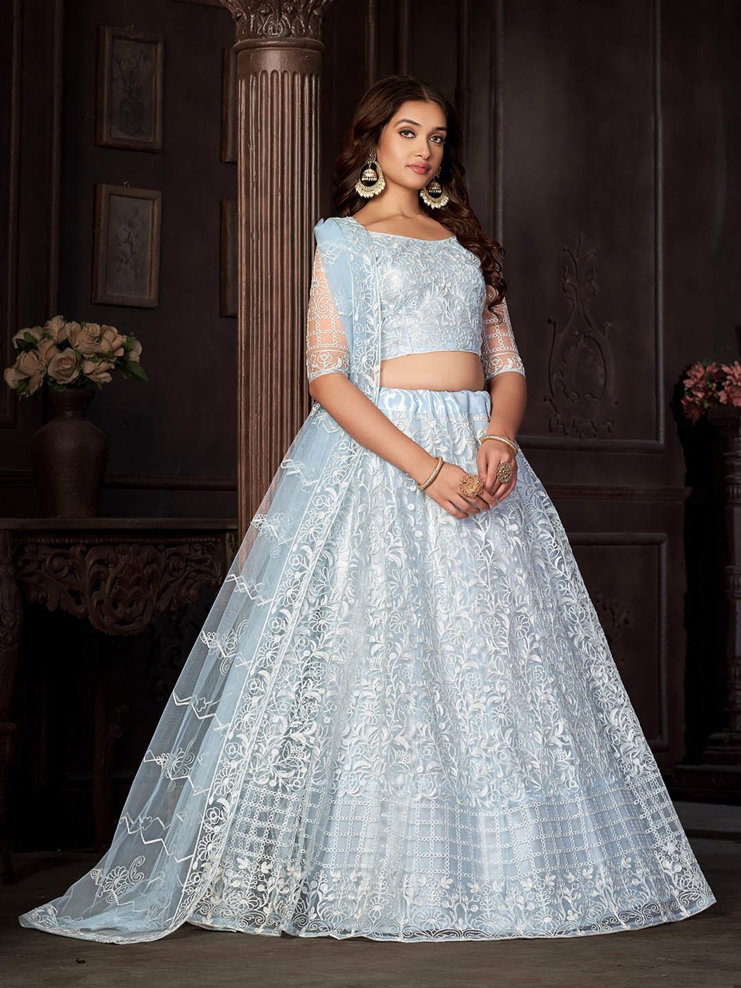 Warthy Ent Sky Blue Embroidered Lehenga Choli Set With Dupatta