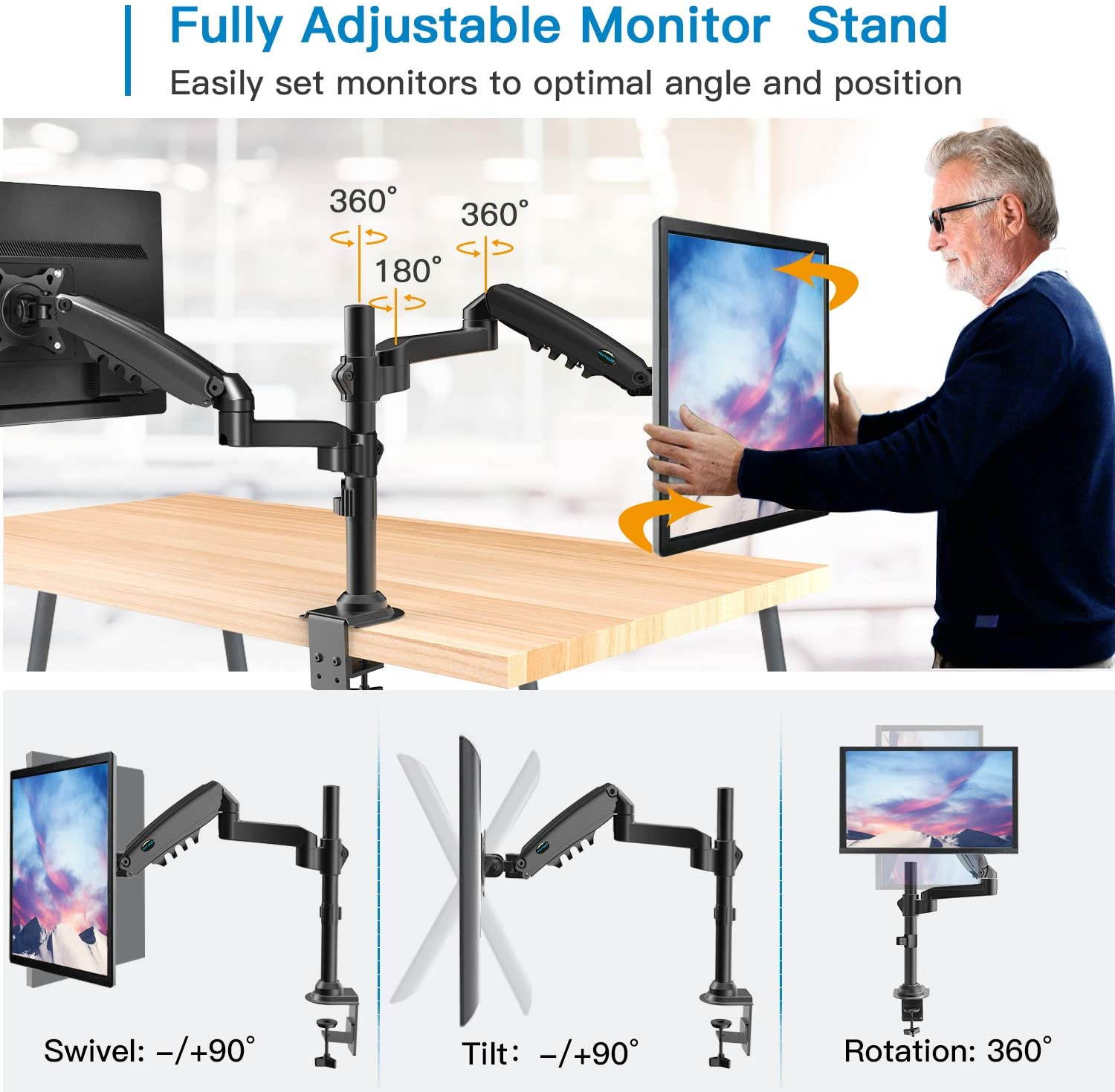 Dual Monitor Stand - Height Adjustable Gas Spring Double Arm Monitor Mount Desk Stand Fits Two 17 to 32 inch Screens with Clamp, Grommet Mounting Base, Each Arm Holds up to 19.8lbs