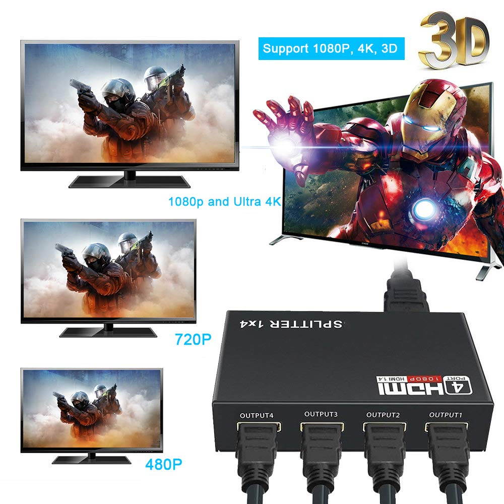 HDMI Splitter 1 in 2 3 4 Out 4K@30HZ, CORN 4K V1.4 HDCP Powered Hdmi Video Splitter with AC Adaptor 1 Input to 4 Outputs, Supports 3D 4K HD1080P for PS4 XboxRoku Blu-Ray Player Apple TV HDTV