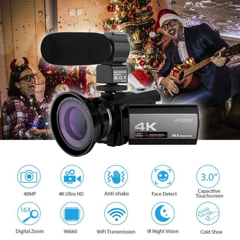Andoer 4K 48MP WiFi Digital Video Camera+External Microphone+0.39x Wide Angle Lens+Mini LED Video Light+2pcs Battery+Camera Bag