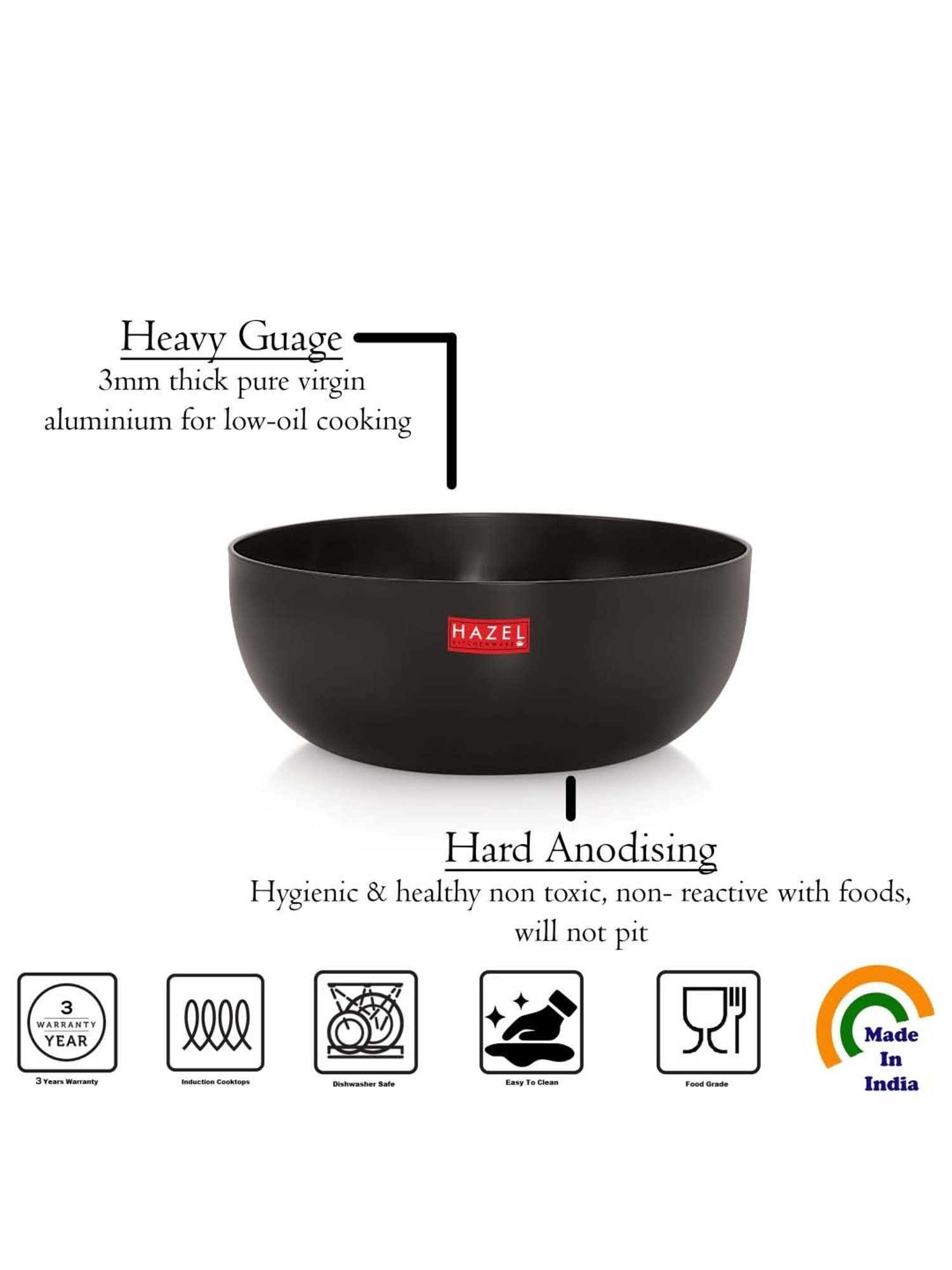 HAZEL 3mm Hard Anodised Tasra Aluminium Frying Tasla Kadai with Induction base, 4000 ml,Black