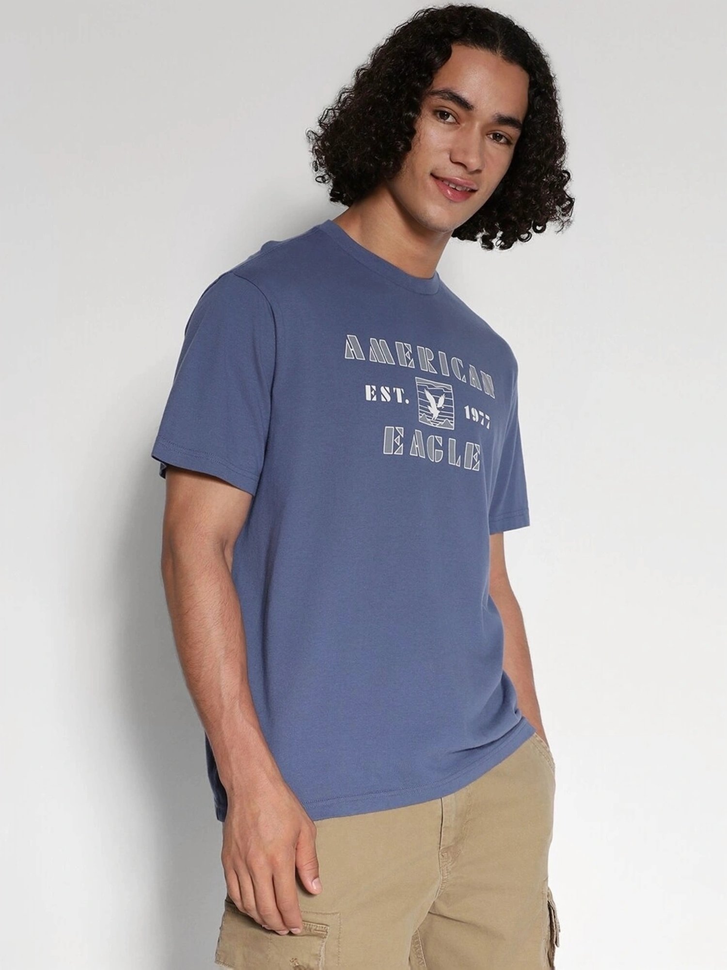 American Eagle Blue Cotton Regular Fit Printed T-Shirt