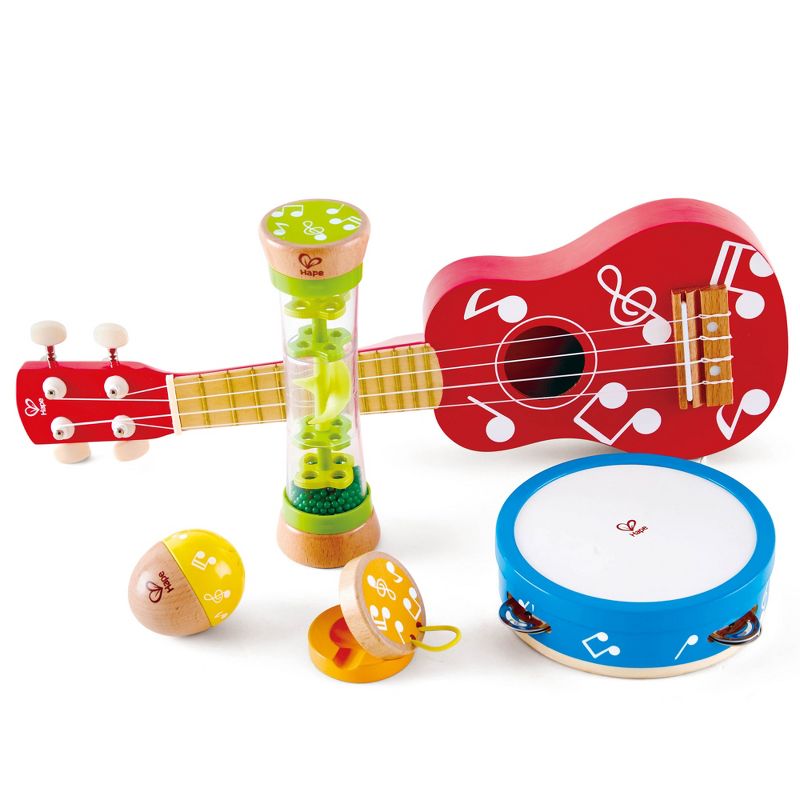 Hape E0339 Kids Toddler Preschool 5 Piece Wooden Musical Instrument Toy Mini Band Set with Ukulele, Tambourine, Clapper, Rattle, and Rain Stick