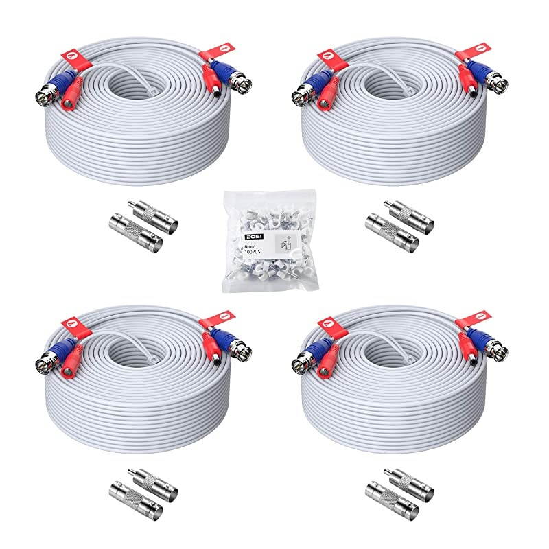 4 Pack 150ft (45 Meters) All-in-One Video Power Cable, BNC Extension Surveillance Camera Cables for Video Security DVR Camera Systems (Included 4X BNC Connectors and 4X RCA Adapters)-White Color