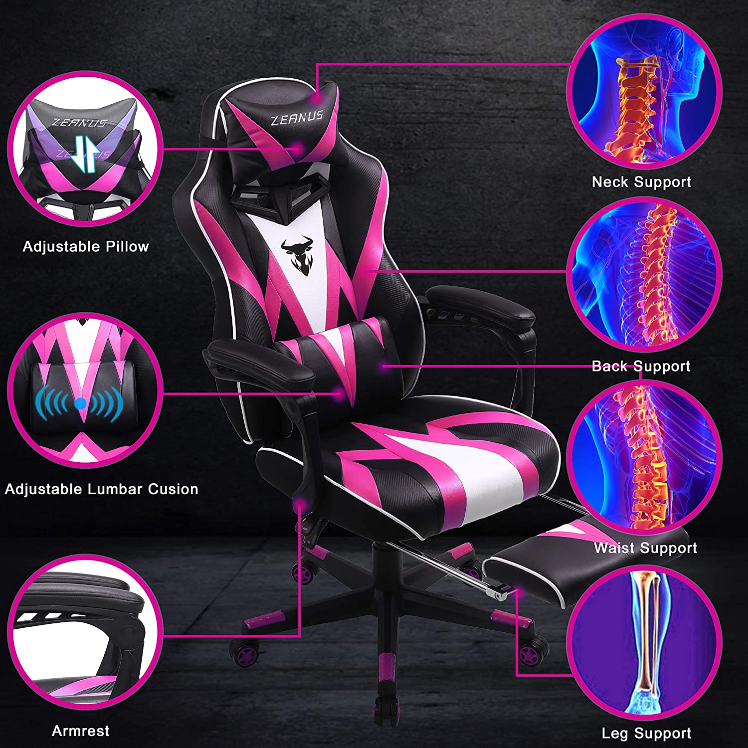 Zeanus Pink Ergonomic Gaming Chair for Girl, Gaming Chair with Footrest, Gaming Chair for Adults, High Back Racing Chair, Computer Chair with Massage, E-Sports Gamer Chair, Big and Tall Gaming Chair