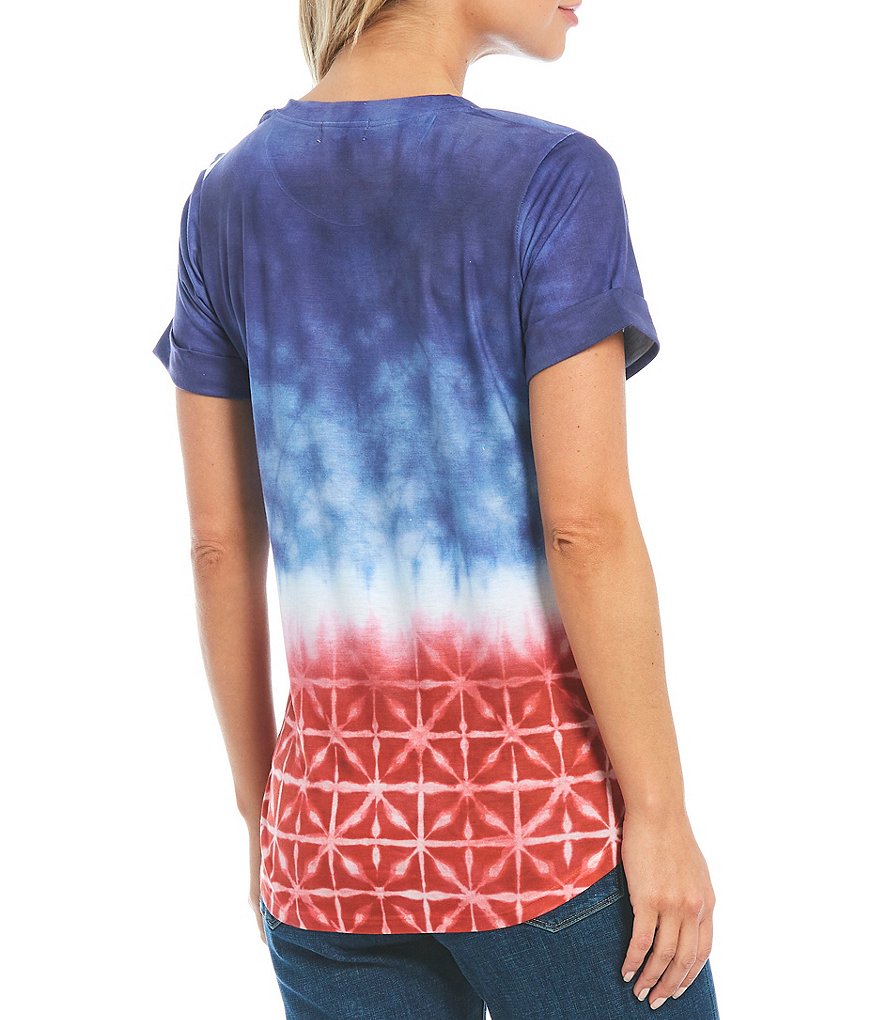 One World Apparel Sublimated Tie-Dye Mosaic Print Knit Jersey Jewel Neck Cuffed Short Sleeve Tee