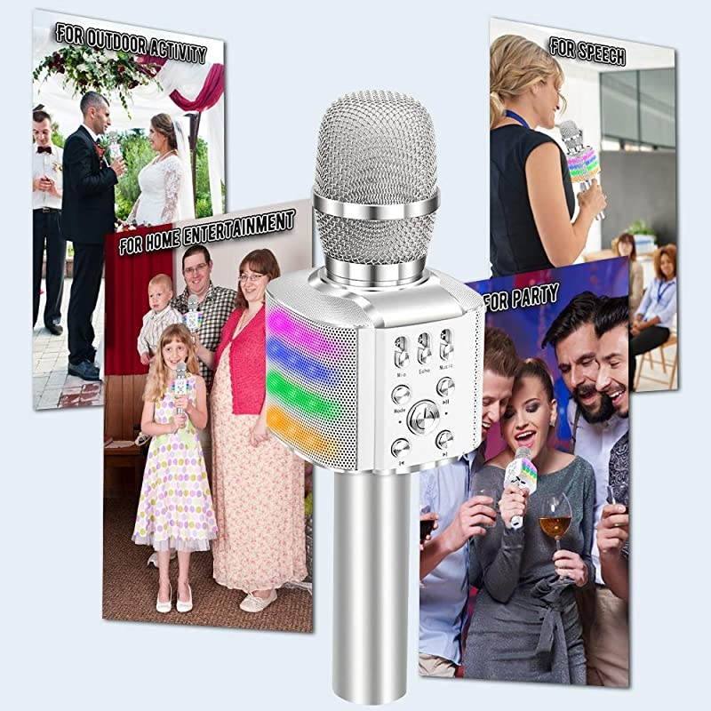 Wireless Bluetooth Karaoke Microphone with controllable LED Lights, 4 in 1 Portable Karaoke Machine Mic Speaker Birthday Home Party for All Smartphones PC(Q36 Silver)