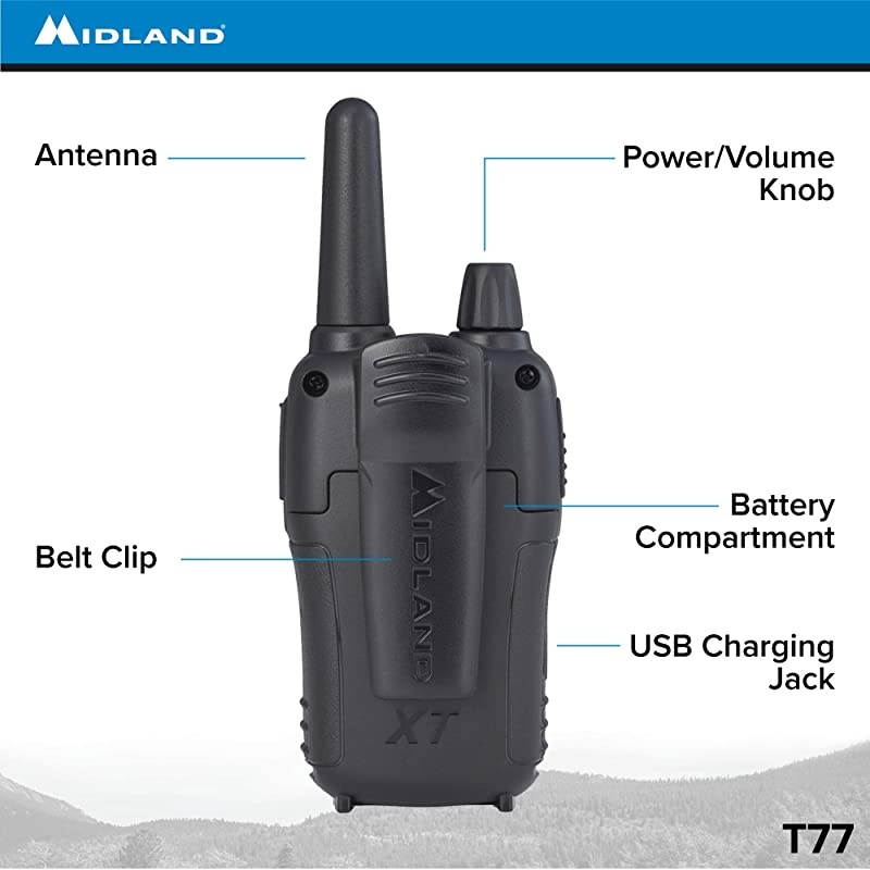 XTALKER T77VP5 36 Channel FRS TwoWay Radio Up to 38 Mile Range Walkie Talkie 121 Privacy Codes and NOAA Weather Scan + Alert Includes a Carrying Case and Headsets BlackSilver