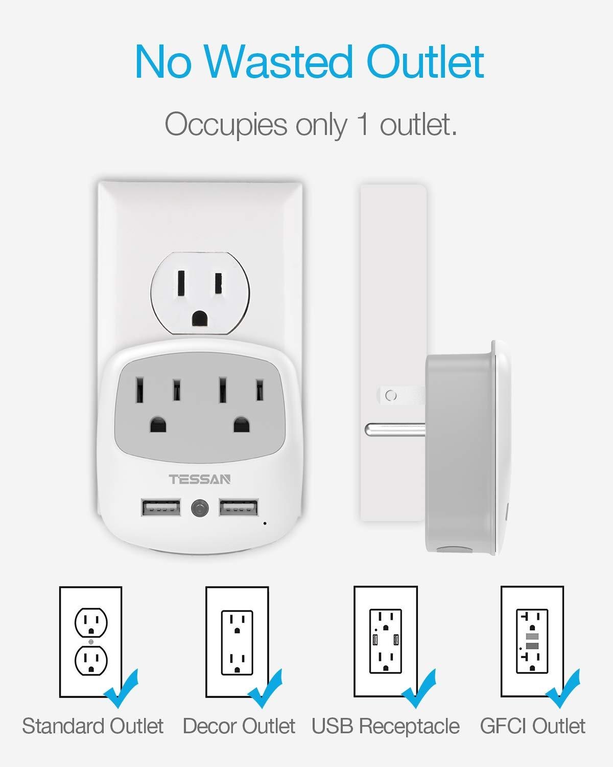USB Outlet Plug Extender, TESSAN Power Outlet Expander with USB Wall Charger and Night Light Adapter for Travel Cruise Essentials, Mini Phone Charger with Multiple Outlet Splitter