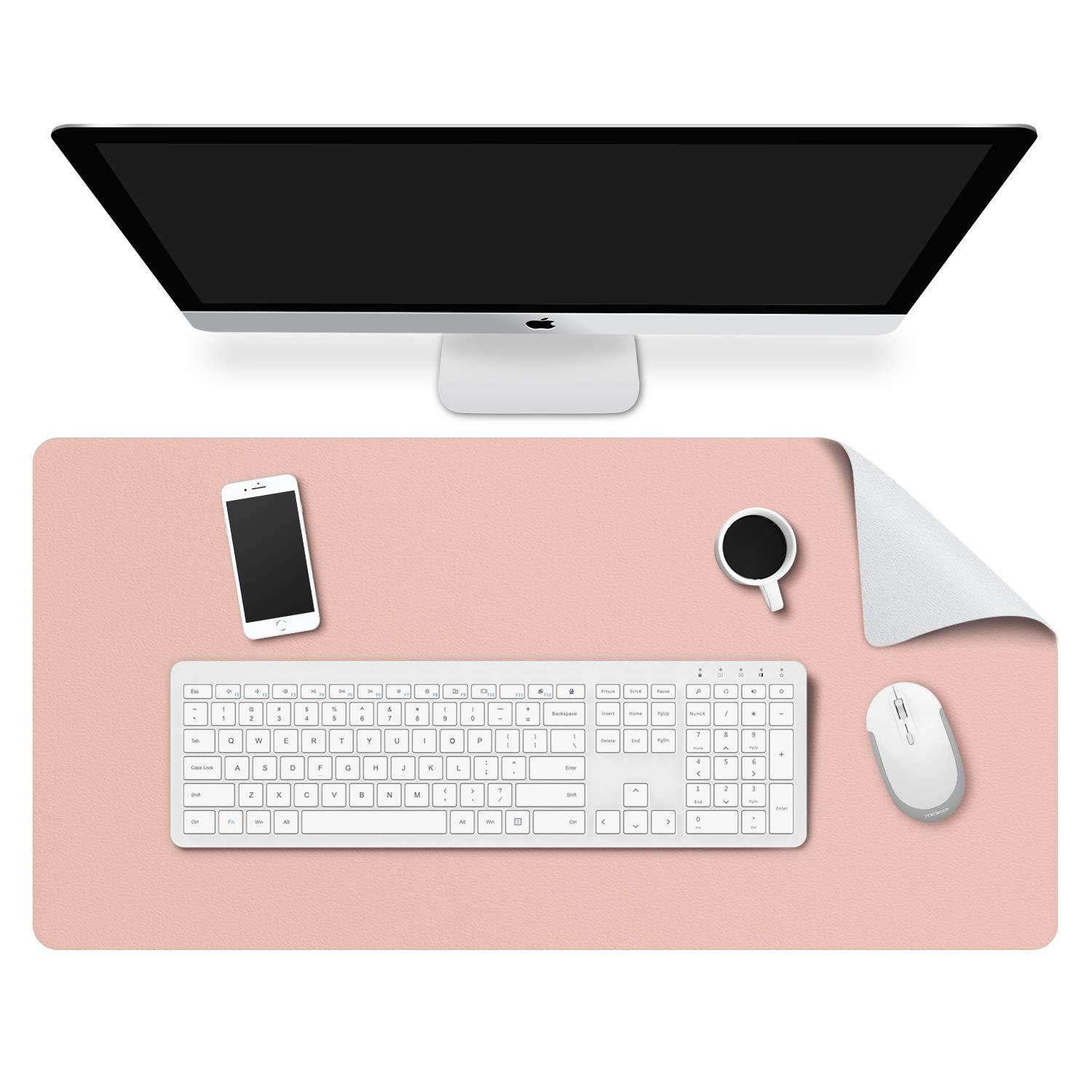 MoKo Computer Desk Mat - PU Large Extended Gaming Mouse Pad, Non-Slip Keyboard Mouse Mat, Waterproof Office Writing Desk Pad Protector, 31.5 x 15.7 x 0.08 Inch - Double Side Light Pink/Silvery Gray