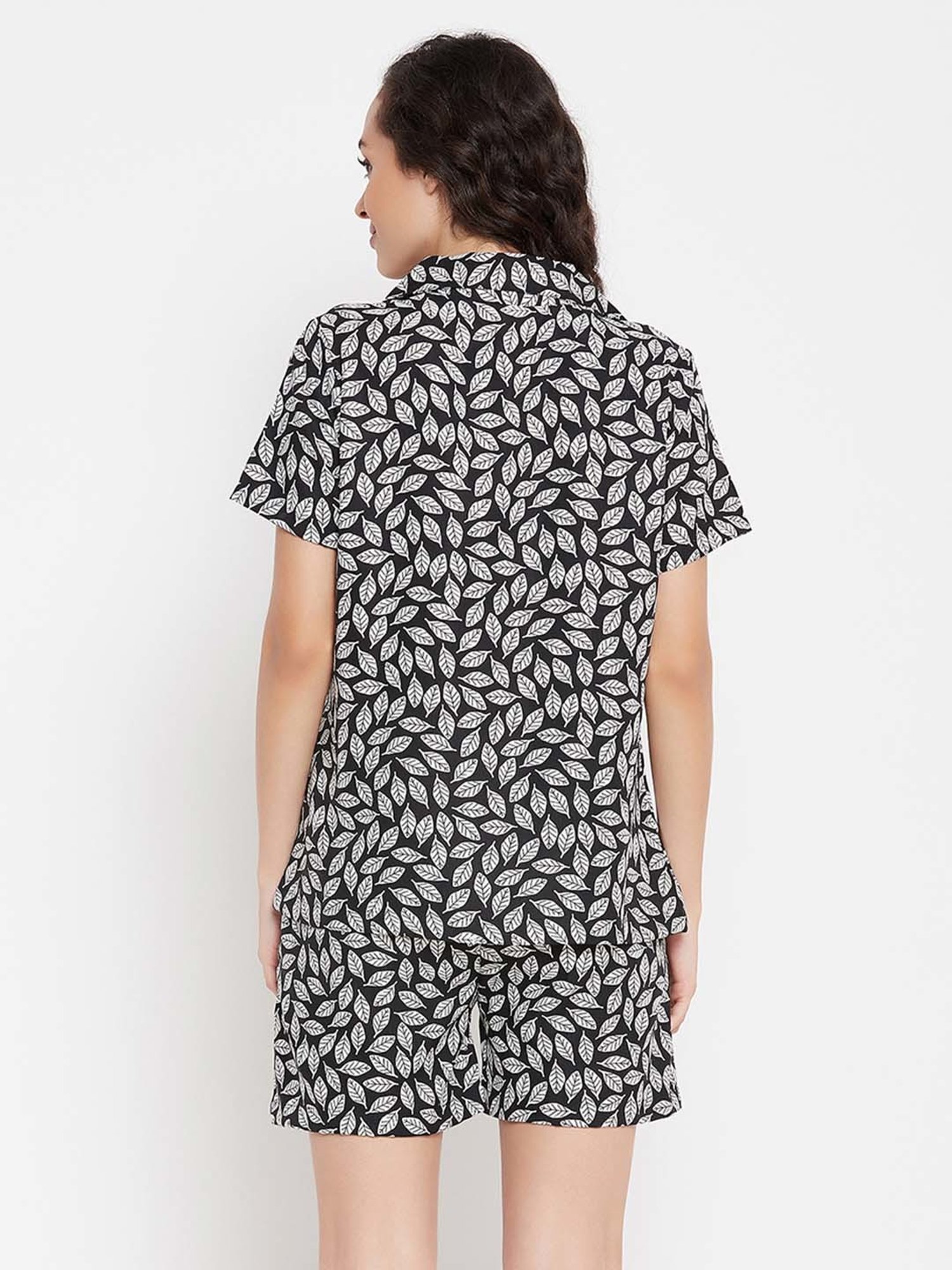 Clovia Black Printed Shirt With Shorts