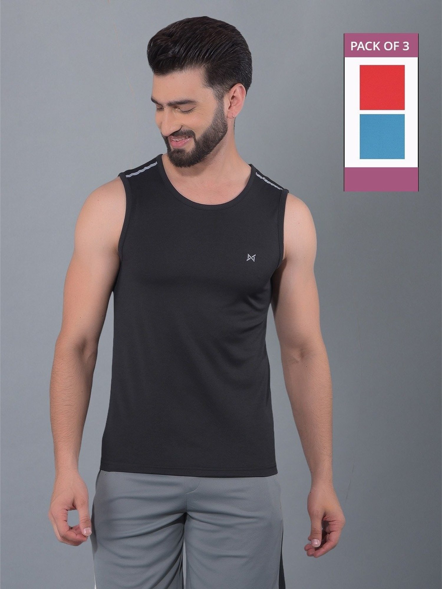 Force NXT Multicolored Regular Fit Gym Vest - Pack Of 3