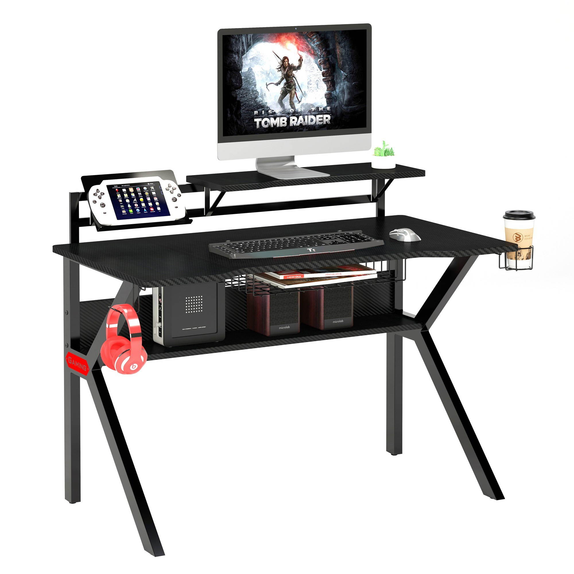 Gaming Desk 47.2" W x 23.6" D Office Computer Table, Black Gamer Workstation with 2 Cable Management Holes