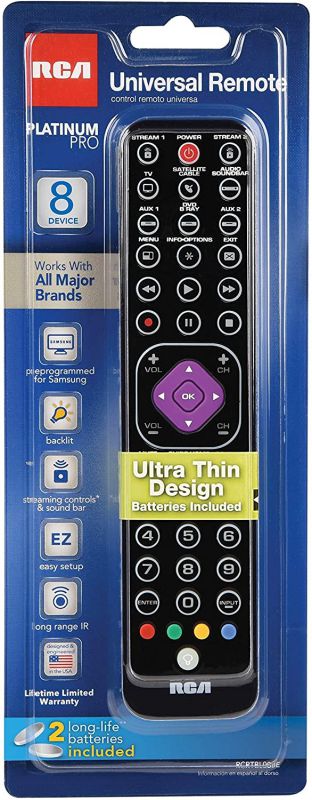 RCA 8 Device Remote Control - Universal Ultra Slim 8 Device Remote Control Platinum Pro. for TV, DVD, Cable, Satellite, Streaming Devices, Audio/Soundbar; Fully Backlit Keys RCRTBL08BE