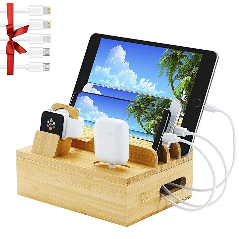 Bamboo Charging Station for Apple Watch AirPods Series6 in 1 Wooden Docking Station for Multiple Device